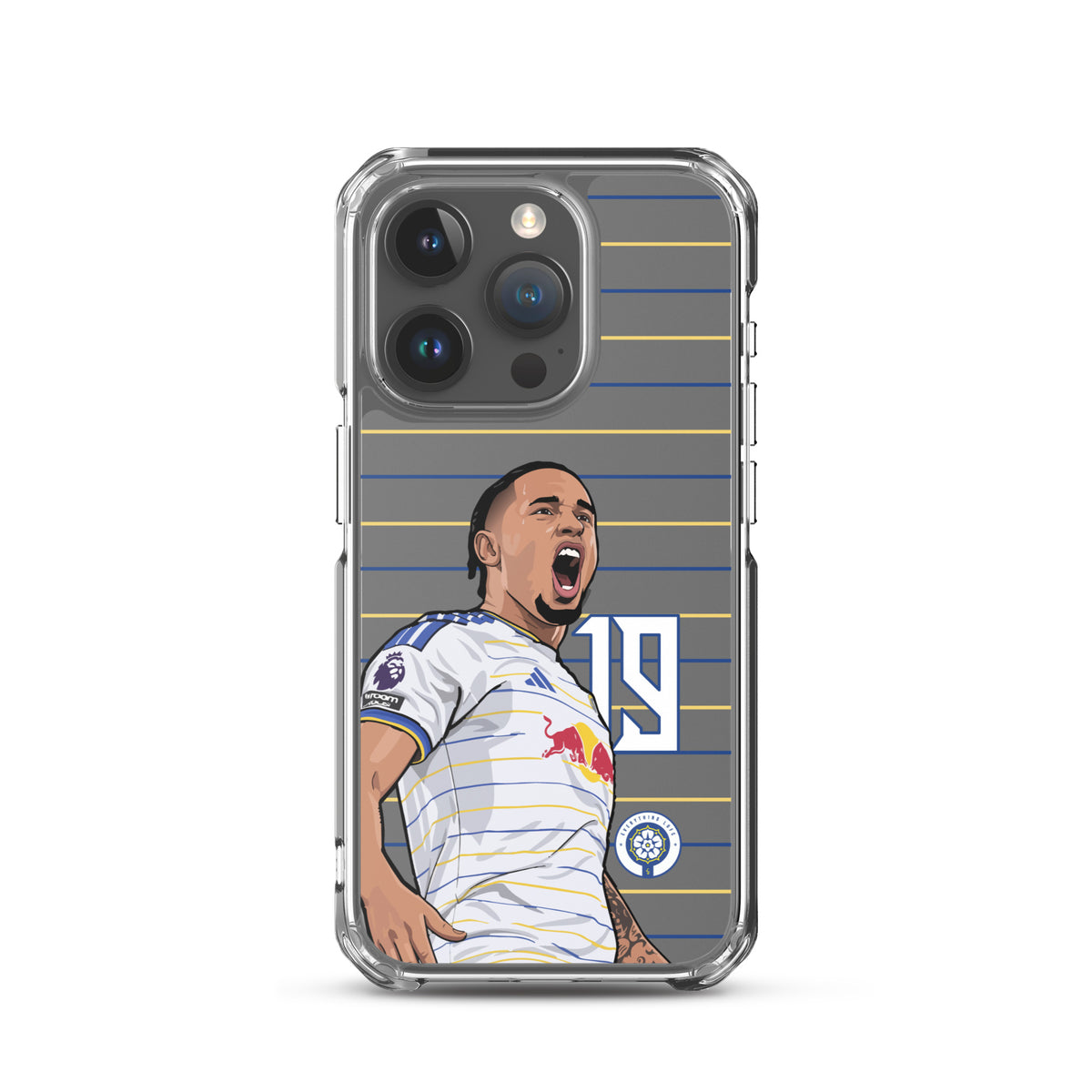 Clear iPhone case with soccer player celebration art and white jersey on blue lines
