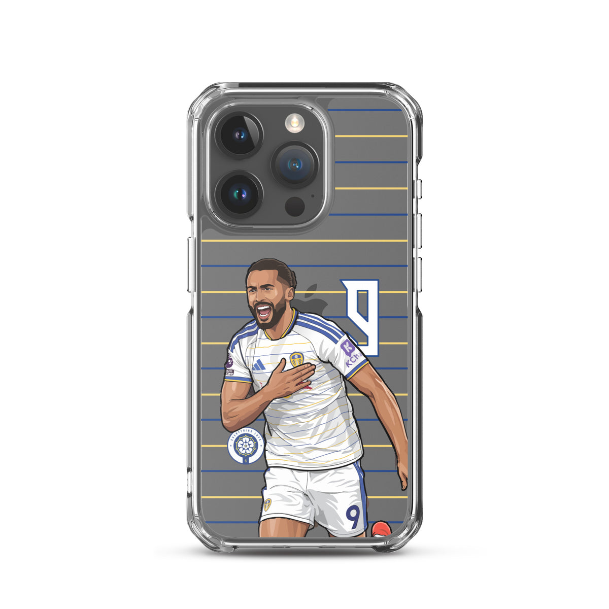 Clear iPhone case with Dominic Calvert-Lewin player illustration, horizontal blue and yellow lines