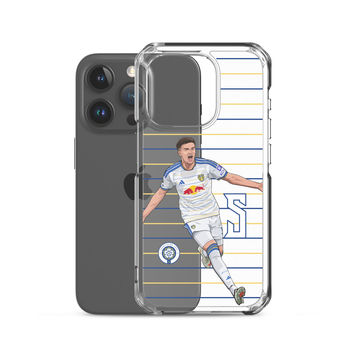 Clear iPhone case with transparent cover and soccer player graphic on striped design