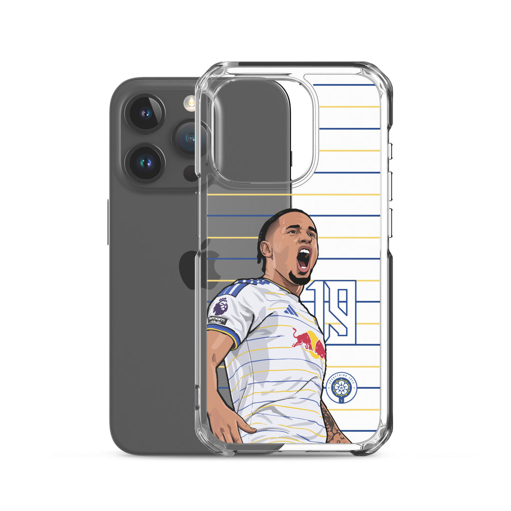 Clear iPhone case with soccer player graphic, white jersey, and protective raised edges
