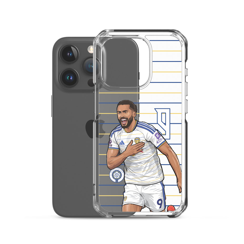 Clear iPhone case with Dominic Calvert-Lewin graphic, transparent bumper and blue/yellow stripes