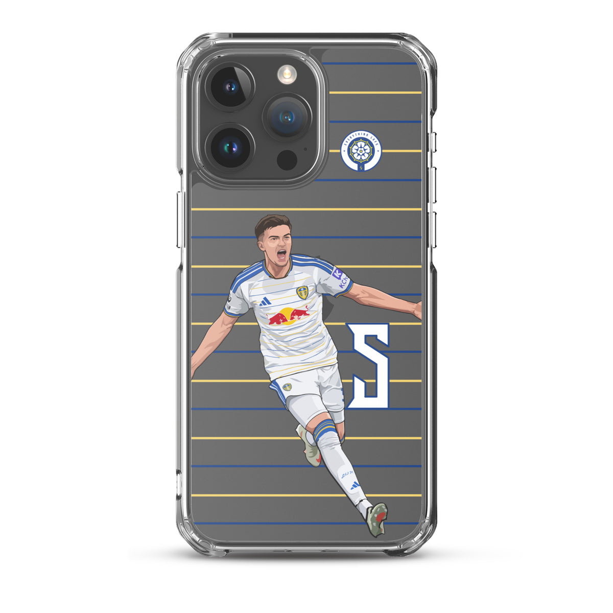 Transparent iPhone clear case with soccer player artwork and club crest on blue/yellow stripes