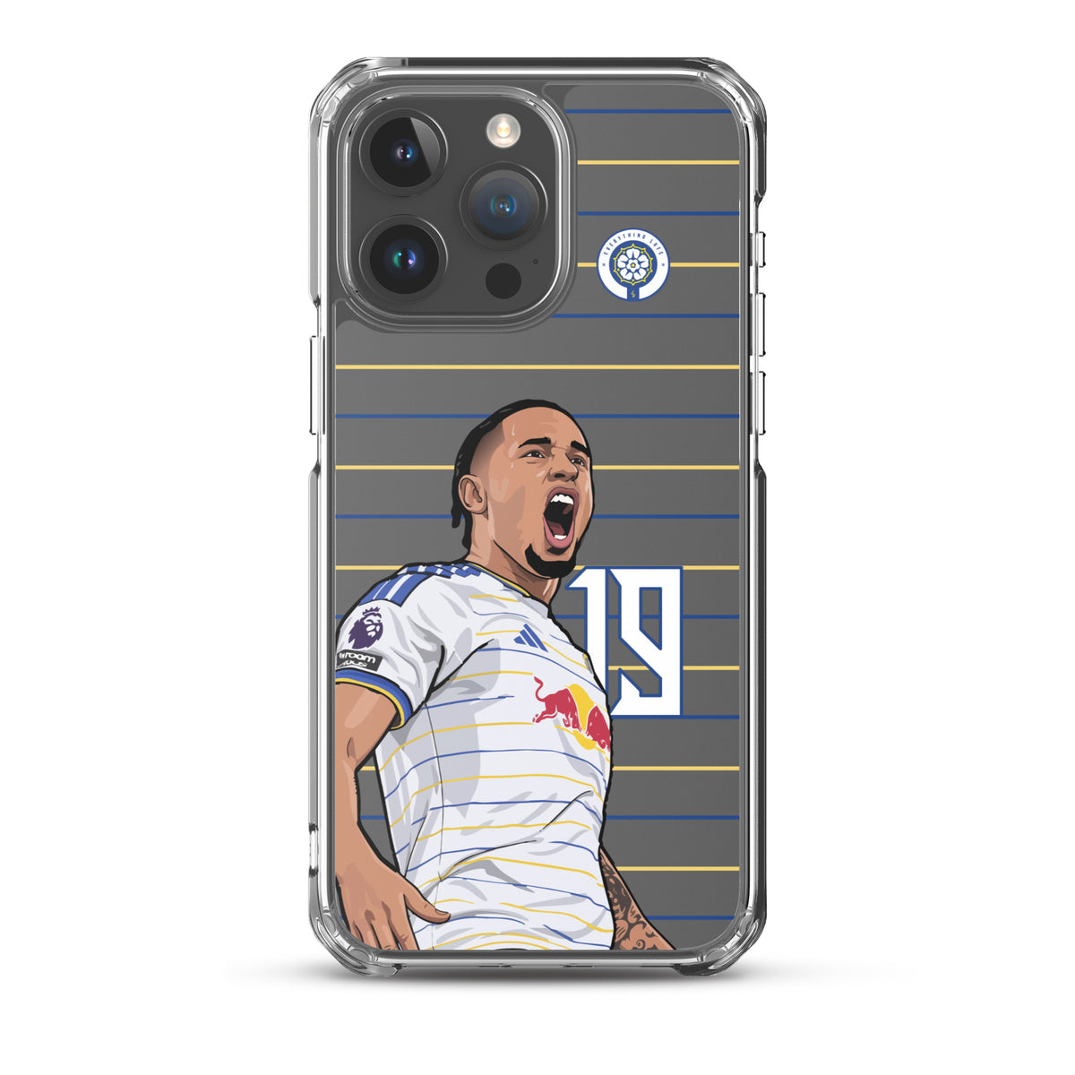 Transparent iPhone case showing player portrait on blue-and-yellow horizontal stripes