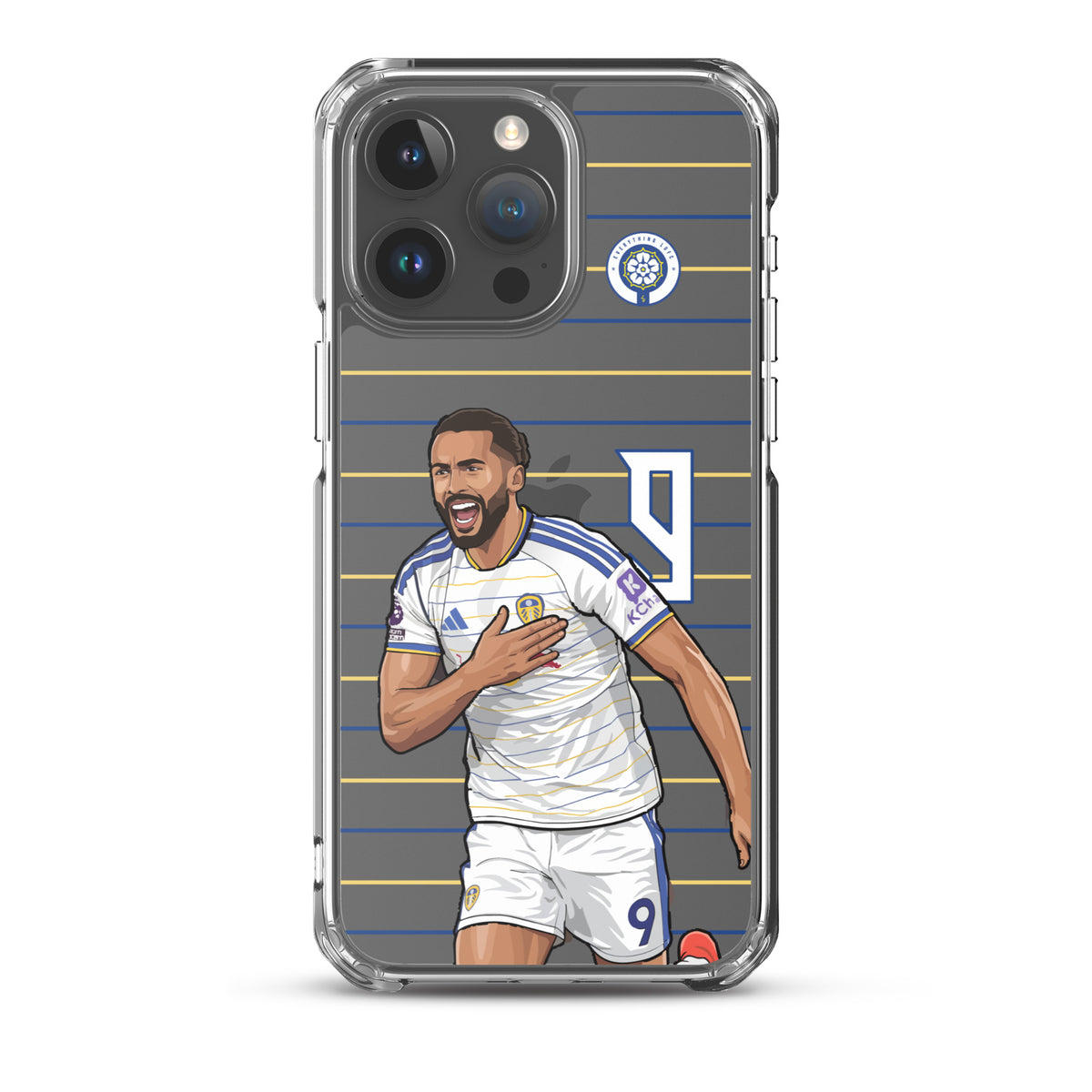 Transparent iPhone case showing Calvert-Lewin celebrating figure over blue and white stripes