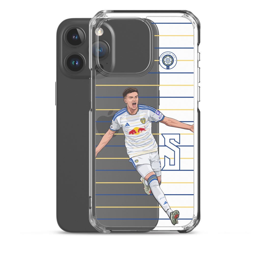Transparent iPhone clear case with soccer player graphic and crest on blue and white lines
