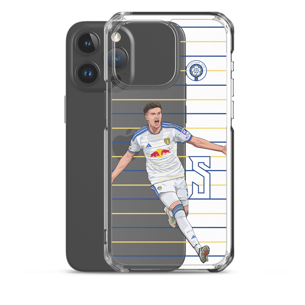 Transparent iPhone clear case with soccer player graphic and crest on blue and white lines