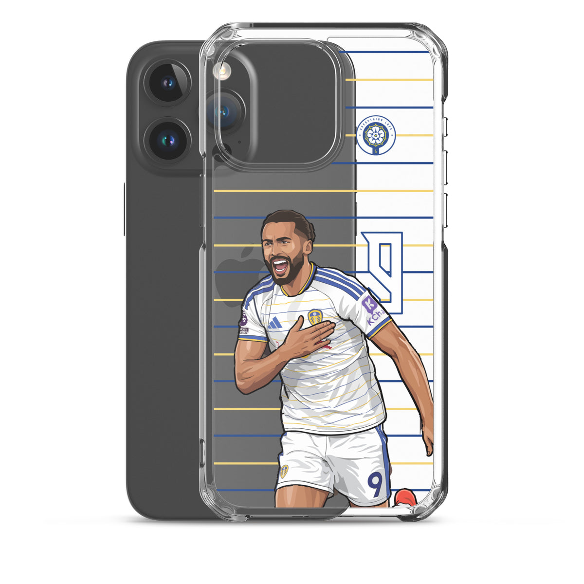 Clear iPhone case with Calvert-Lewin artwork and club crest on striped background
