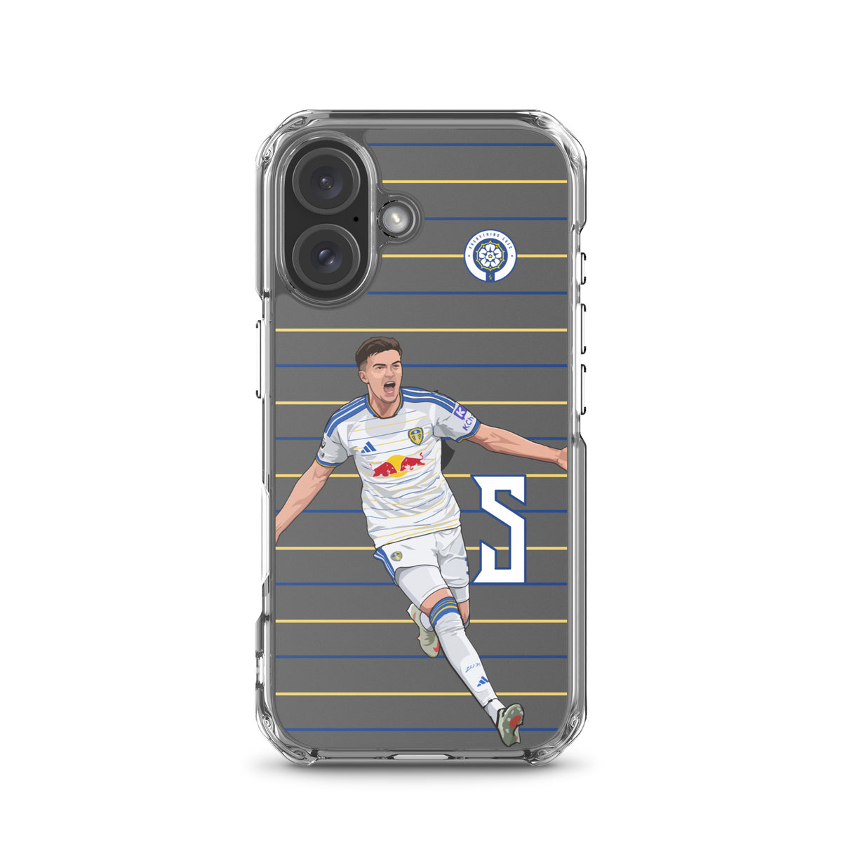 Transparent iPhone clear case with soccer player celebration graphic and club crest emblem