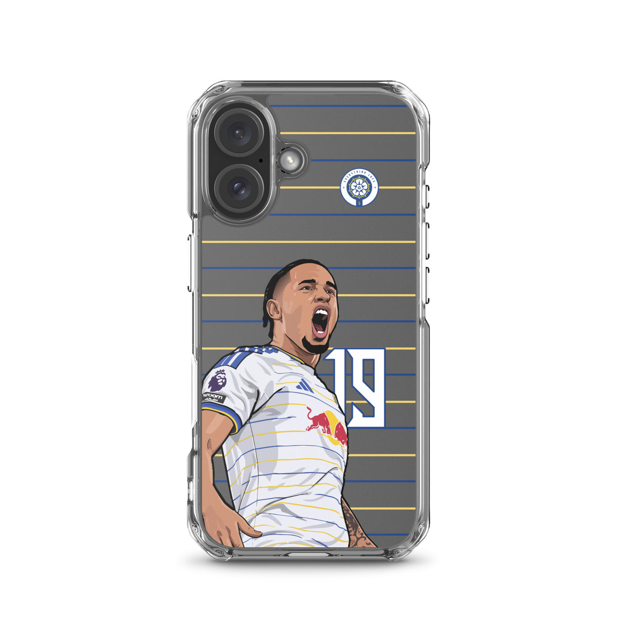 Clear iPhone case with player illustration and blue-and-yellow striped background