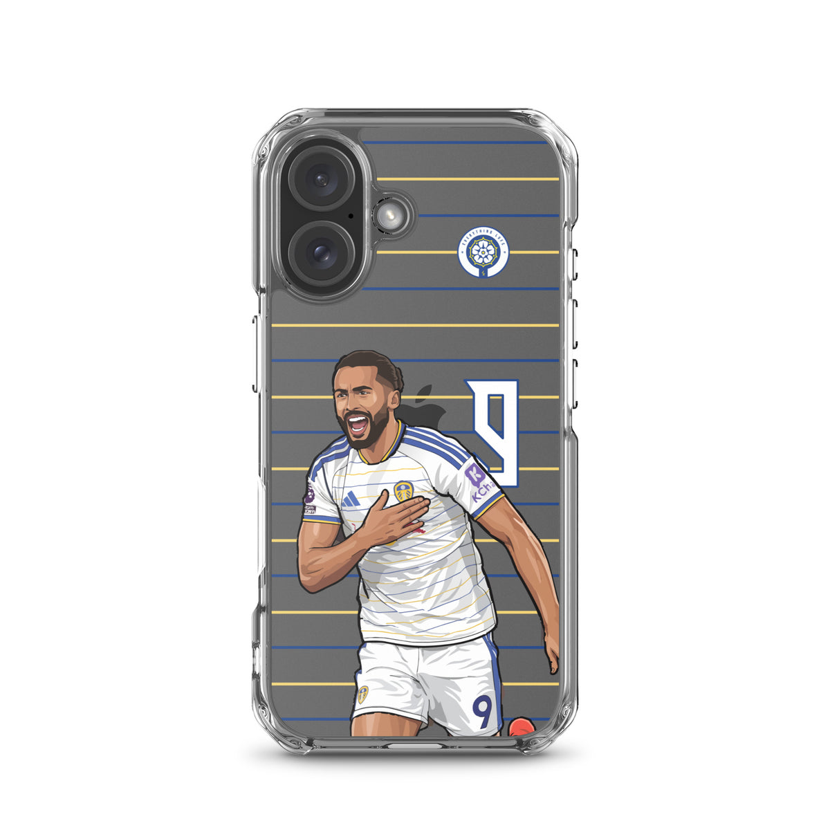 Transparent iPhone case with Calvert-Lewin player graphic centered on striped background