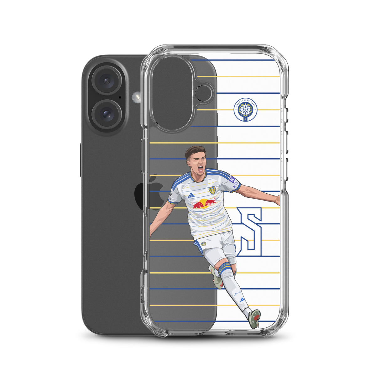 Transparent iPhone clear case with soccer player artwork and crest on blue stripe design