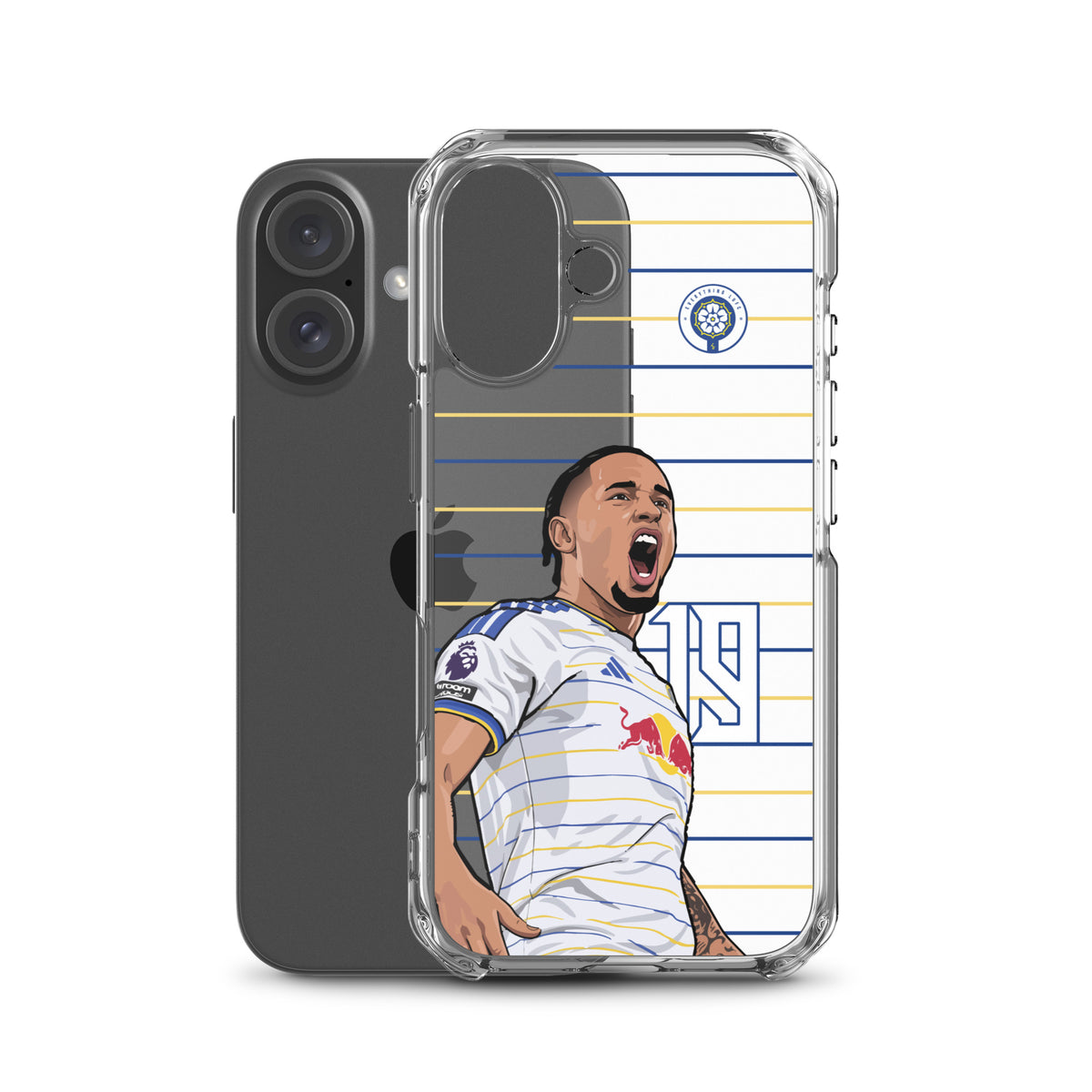 Transparent iPhone case showing player artwork and badge on horizontal blue-and-yellow stripes
