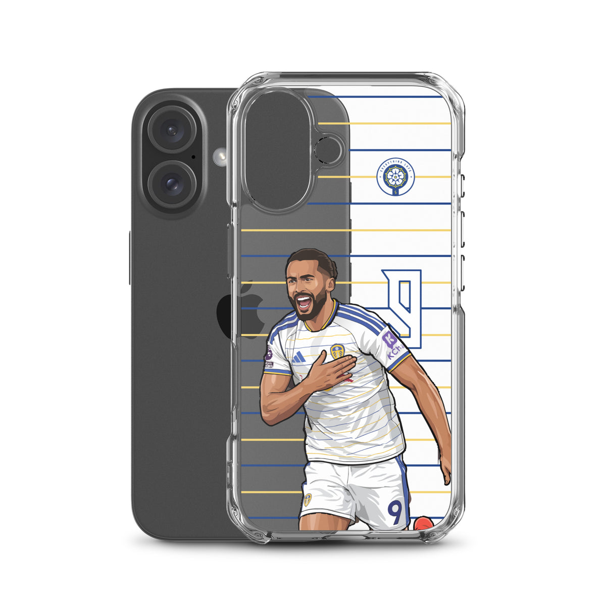 Clear iPhone case featuring Calvert-Lewin in white kit with blue-and-gold striped pattern