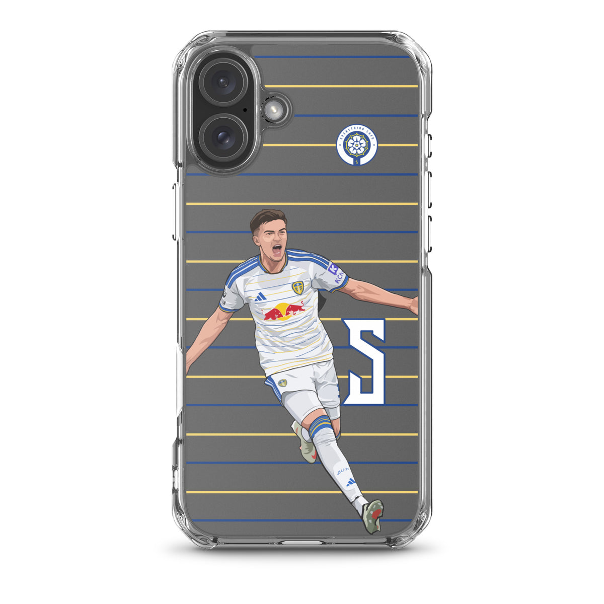 Transparent iPhone clear case with soccer player graphic and crest on blue/yellow striped pattern