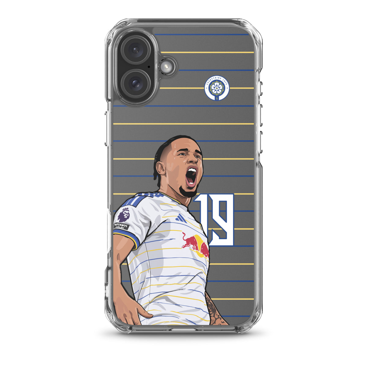 Transparent iPhone case featuring celebrating player graphic on blue-and-yellow stripes