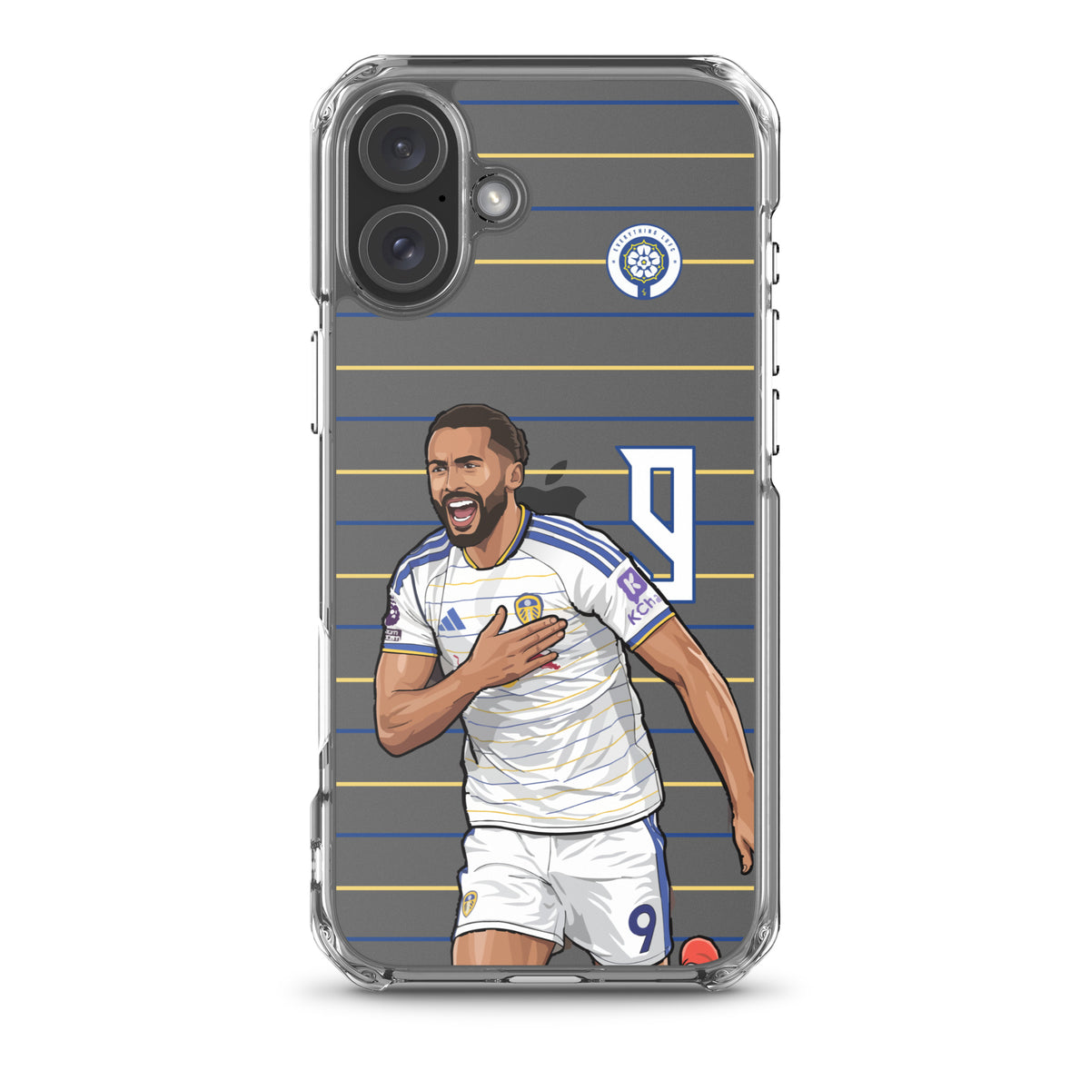 Transparent iPhone case with Dominic Calvert-Lewin celebration art on striped design