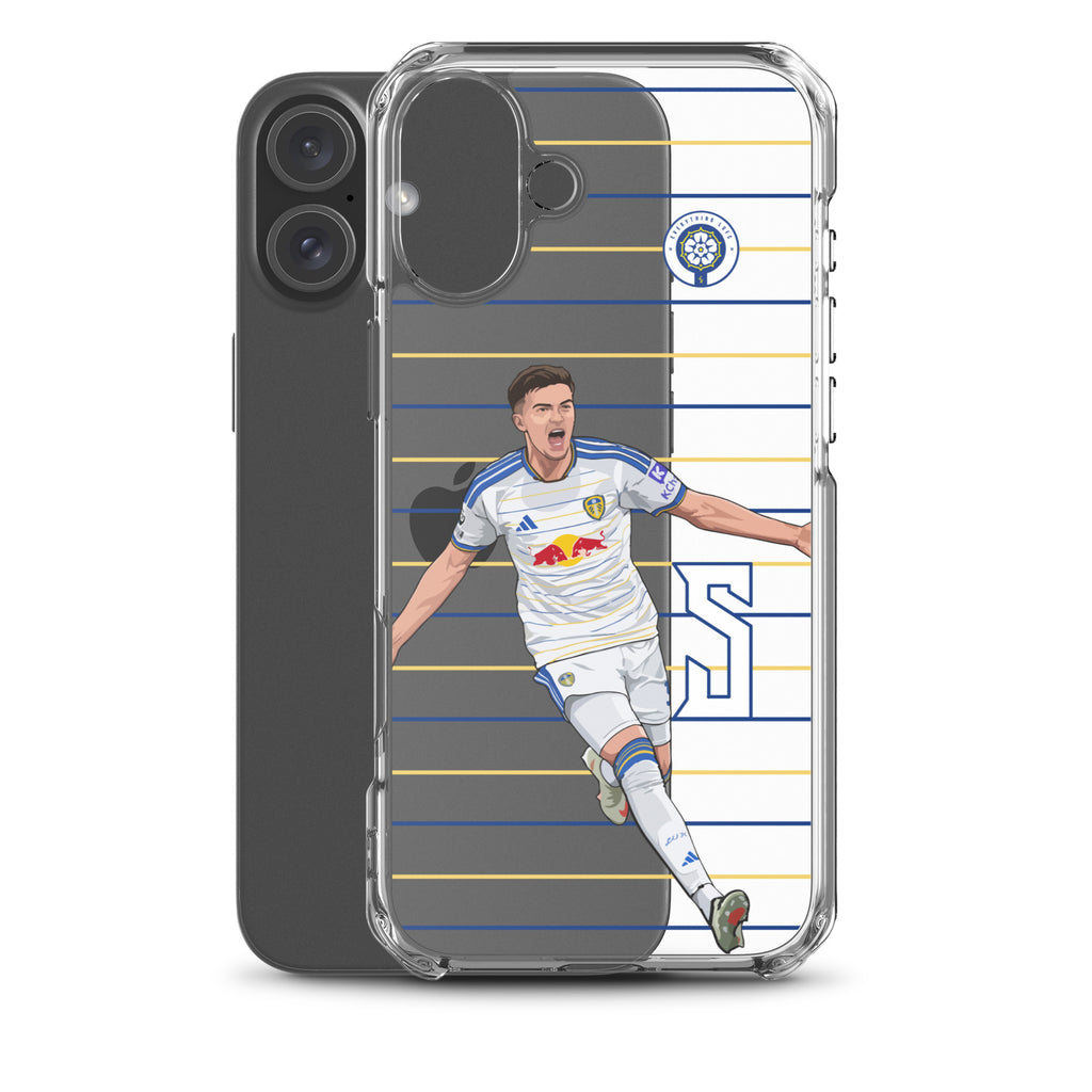 Transparent iPhone clear case with soccer player artwork, crest emblem, and blue stripe design