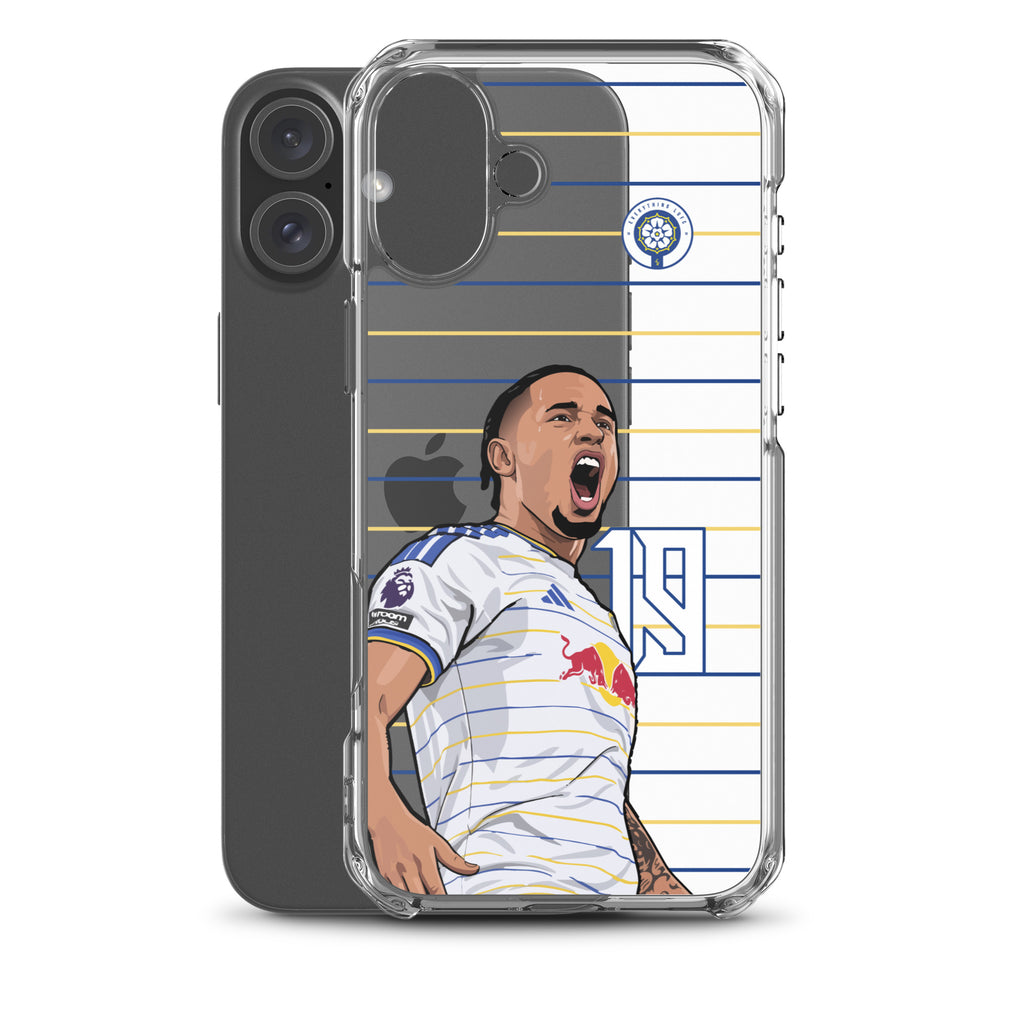 Clear iPhone case with printed Okafor in white jersey, blue-and-gold stripes background