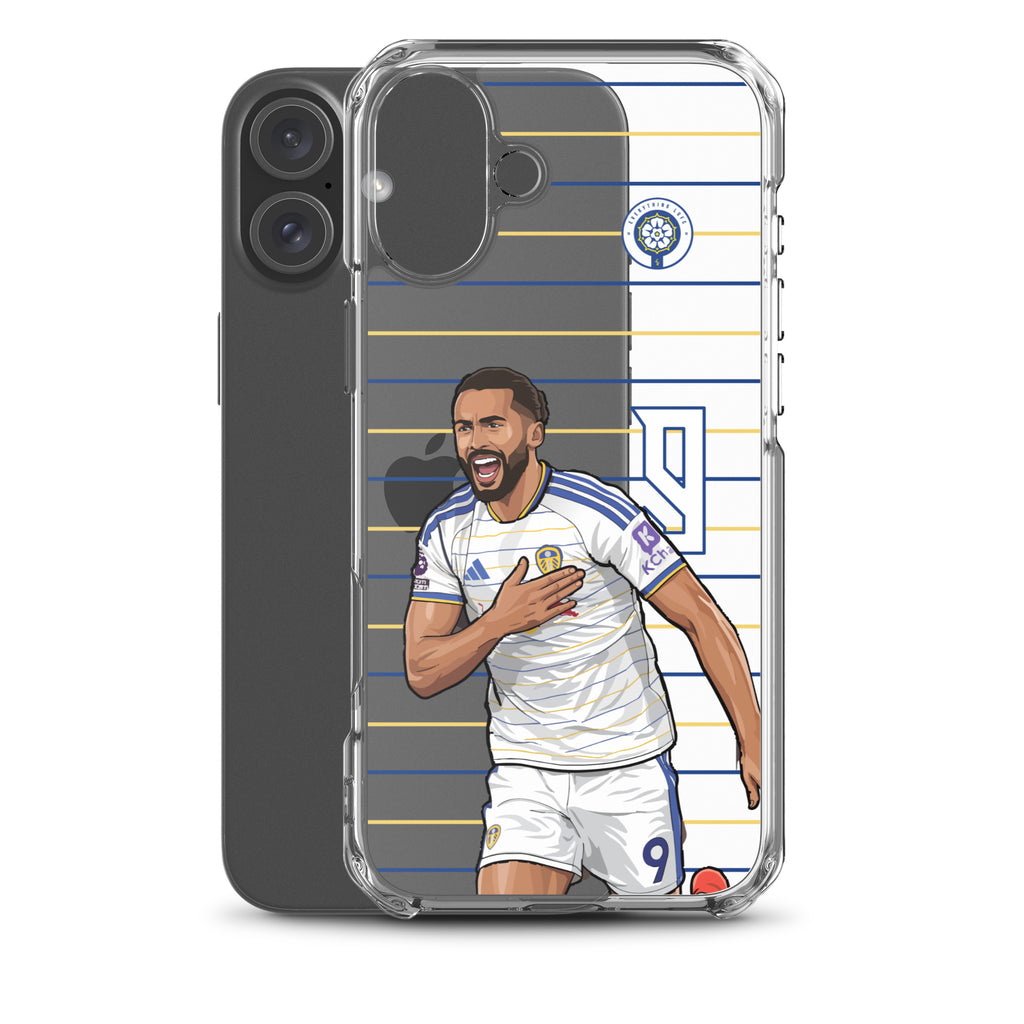 Clear iPhone case displaying Calvert-Lewin illustration with stripes and crest