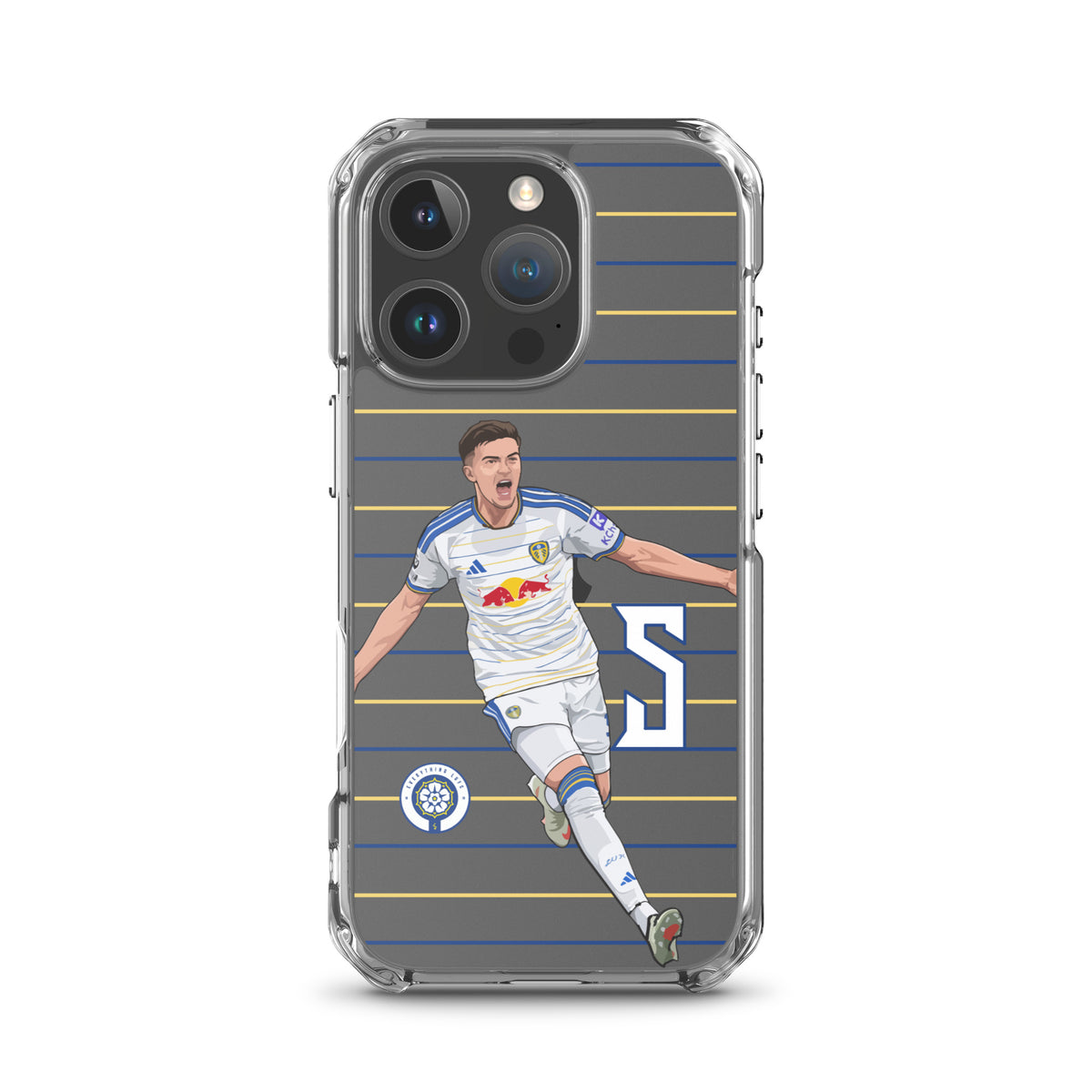 Clear iPhone case with soccer player graphic, blue background with yellow and blue lines