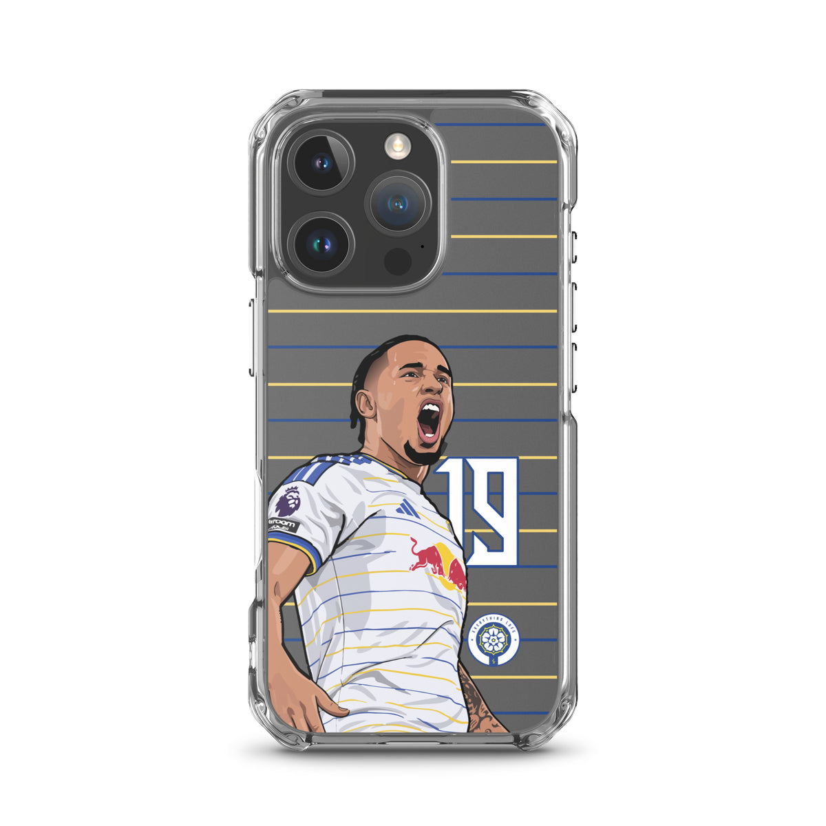 Transparent iPhone case with soccer player graphic and white jersey, side profile view