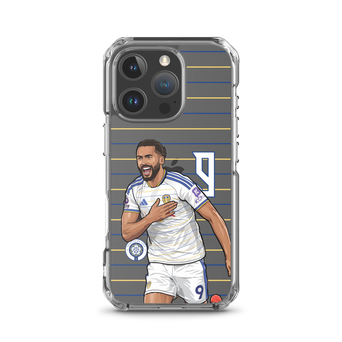 Clear iPhone case featuring Dominic Calvert-Lewin in white jersey with blue/yellow striped pattern
