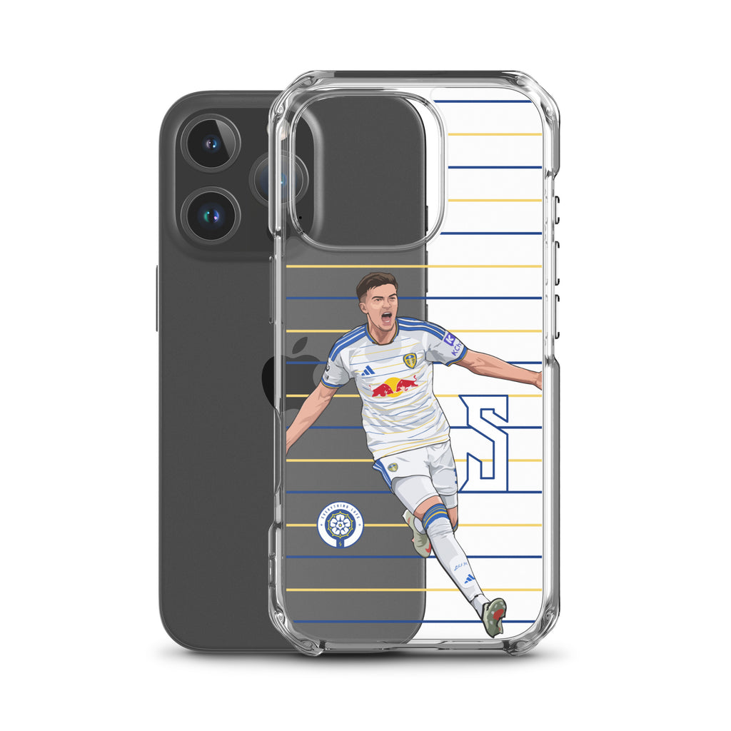 Clear iPhone case with soccer player graphic, side view with transparent bumper edges