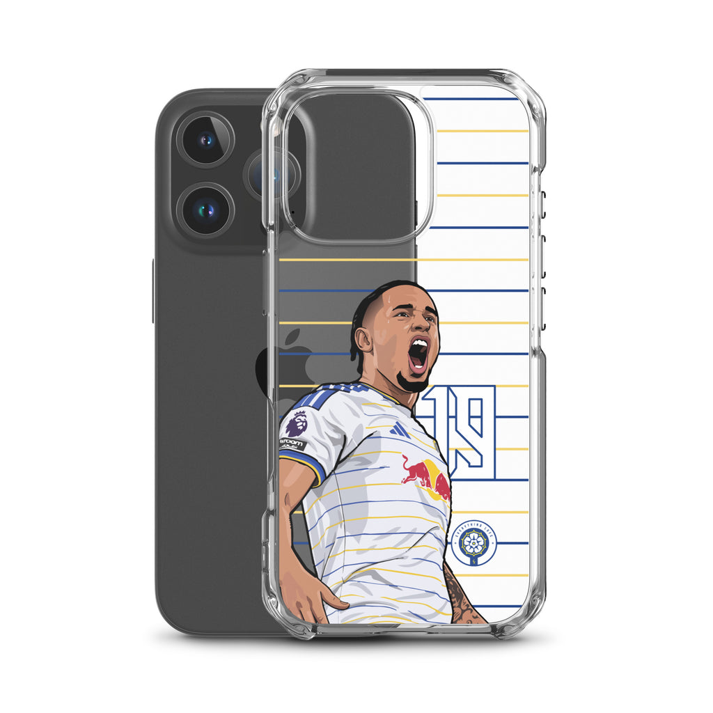 Clear iPhone case with soccer player graphic, white jersey, and blue yellow stripes