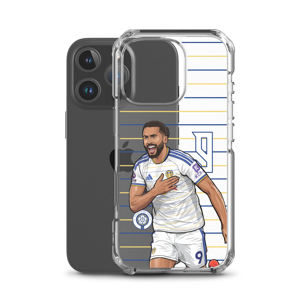 Clear iPhone case with Dominic Calvert-Lewin celebration graphic, blue and yellow horizontal stripes