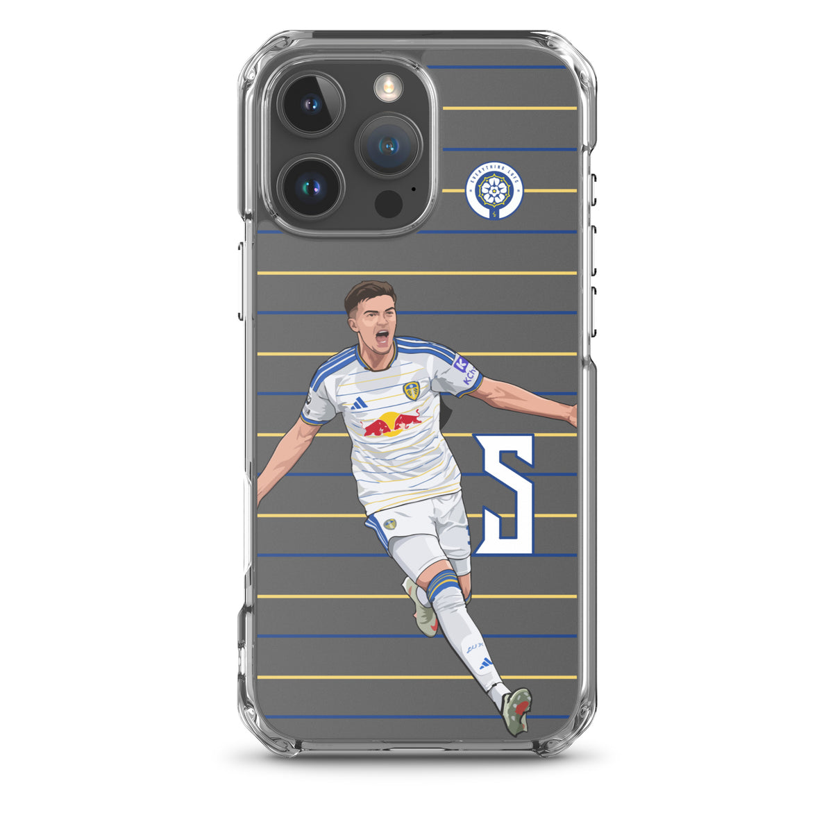 Clear iPhone case with soccer player graphic in blue, white, and yellow stripes