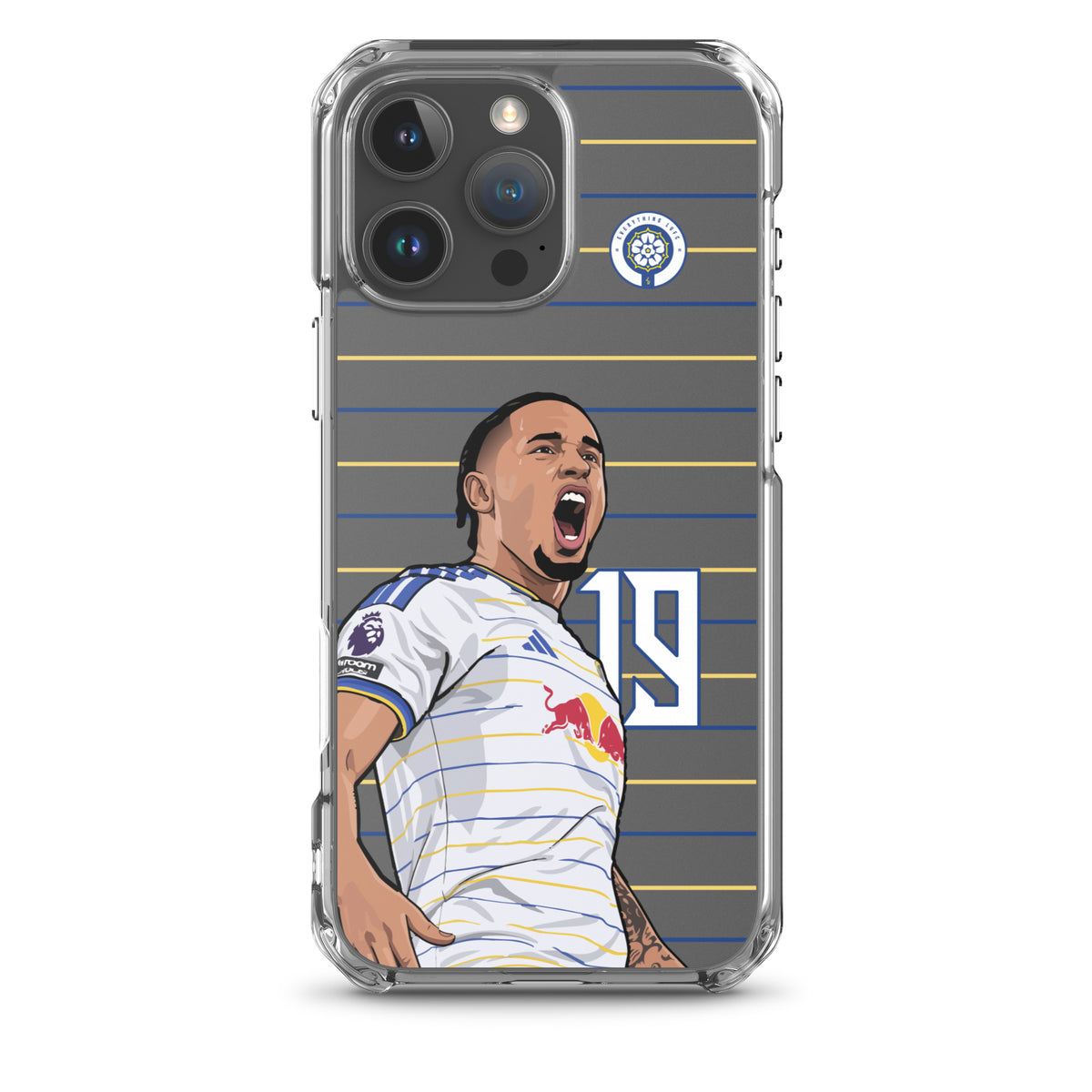 Clear iPhone case with front-facing player artwork, blue stripes, and jersey number