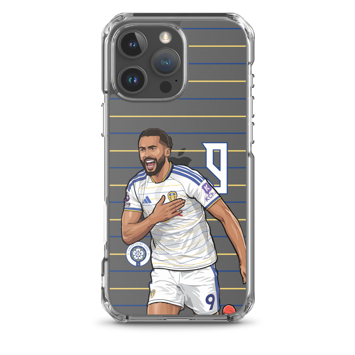 Clear iPhone case with Dominic Calvert-Lewin celebrating pose, blue and yellow horizontal stripes