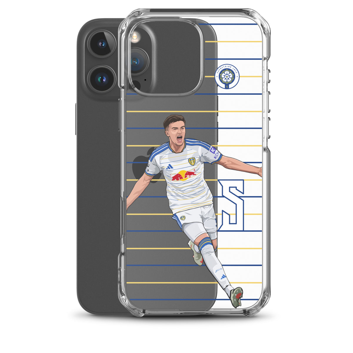 Clear iPhone case showing soccer player graphic, with blue and yellow striped background