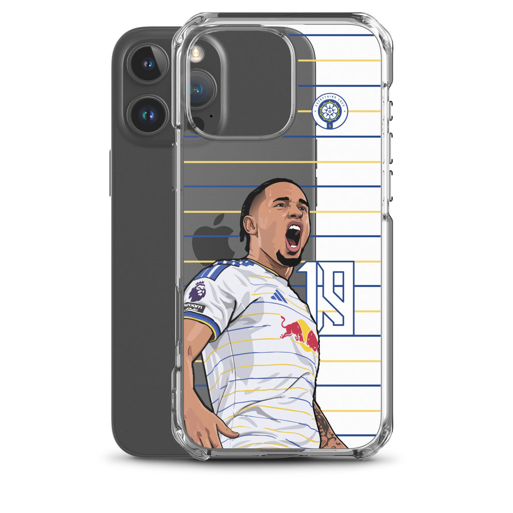 Transparent iPhone case with player graphic, blue-and-yellow horizontal stripes pattern
