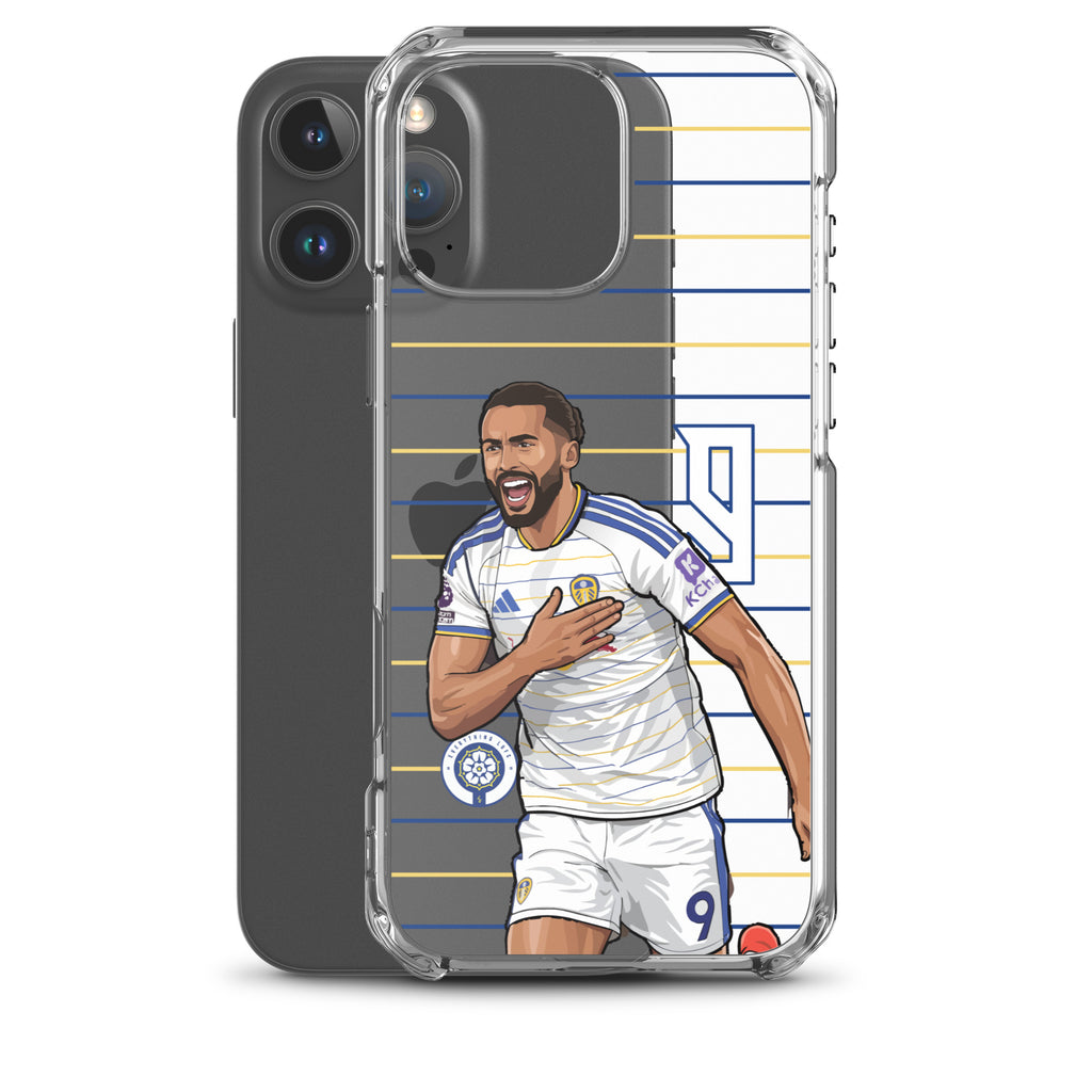 Clear iPhone case with Dominic Calvert-Lewin soccer player graphic and blue/yellow stripe design
