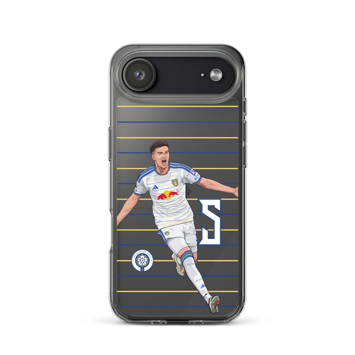 Clear iPhone case back view with soccer player graphic and blue striped pattern