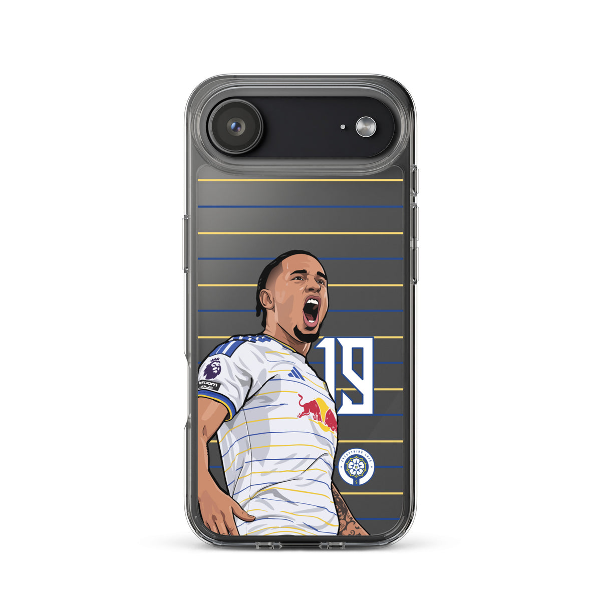 Transparent iPhone case with soccer player graphic and white jersey over blue lines