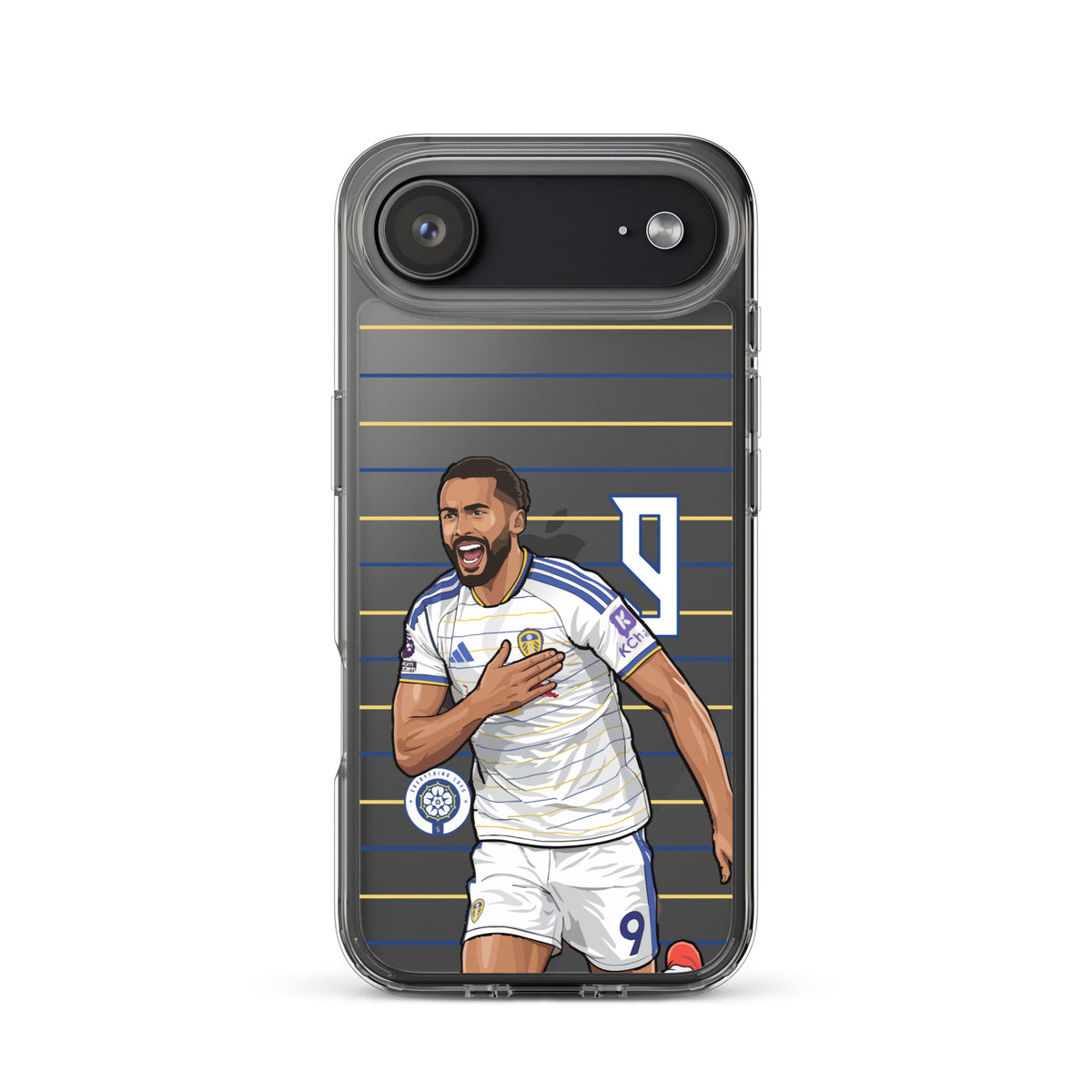 Clear iPhone case showing Dominic Calvert-Lewin player illustration and blue/yellow stripe design