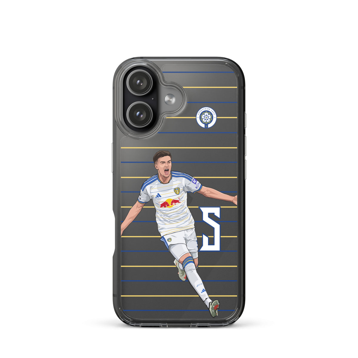 Clear iPhone case front view with soccer player celebration graphic and blue stripes