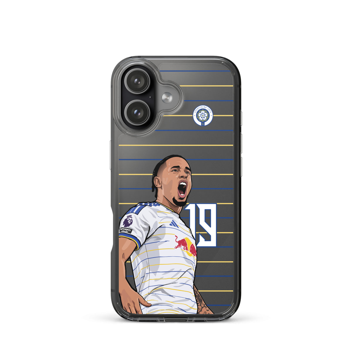 Black-framed clear iPhone case with player in white Leeds kit celebrating