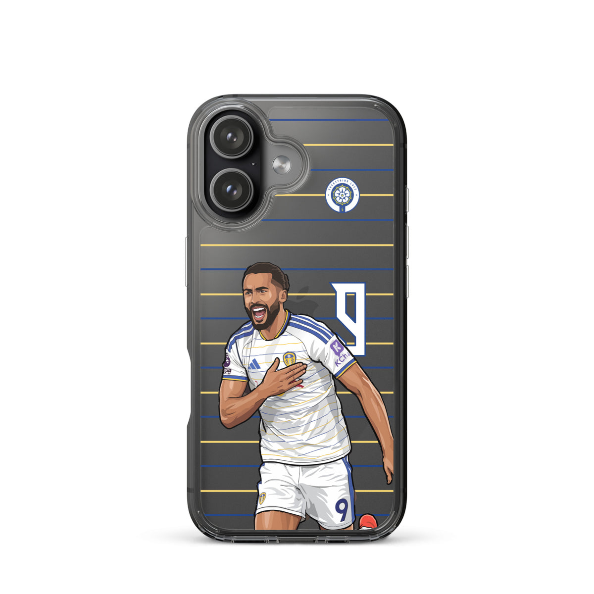 Transparent iPhone case showing Calvert-Lewin artwork over blue and yellow stripes