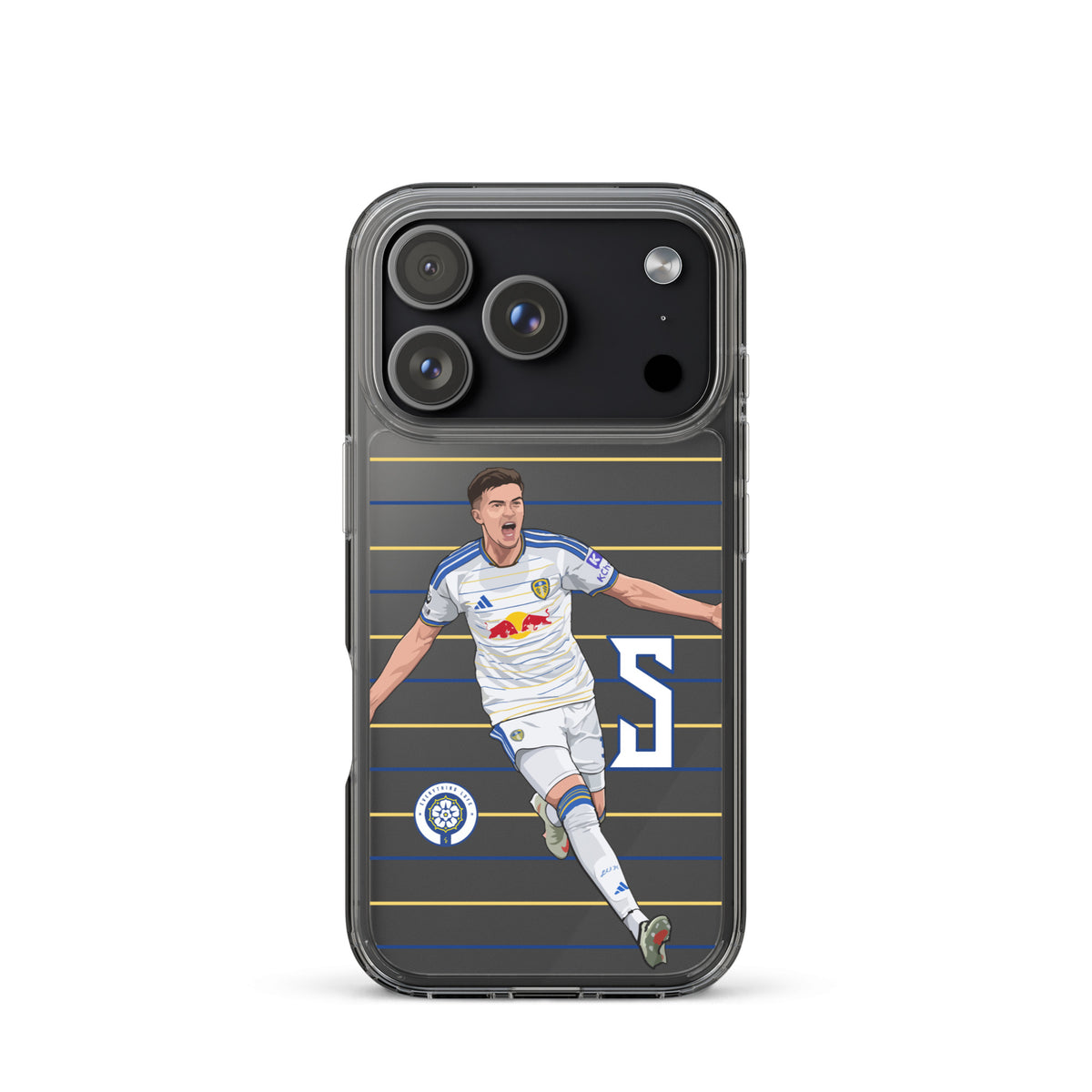 Clear iPhone case front view with soccer player graphic and blue/yellow stripe design