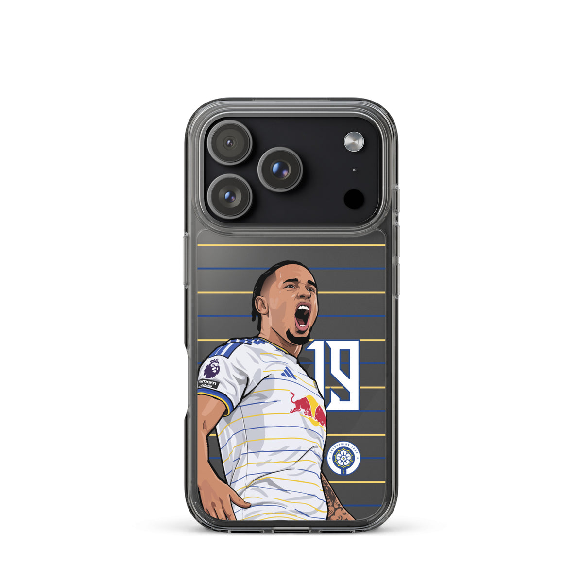 Clear iPhone case with shouting soccer player graphic and blue-yellow horizontal stripes