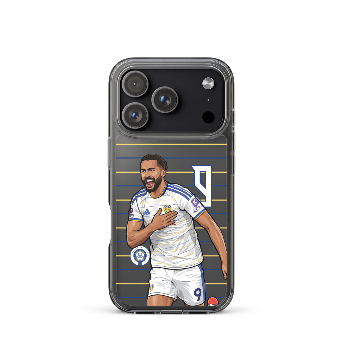 Clear iPhone case with football player graphic and number 9, blue-yellow lines