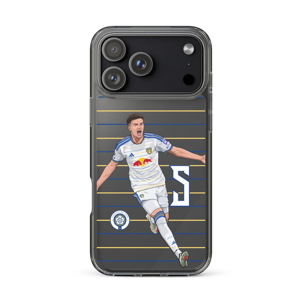 Clear iPhone case with soccer player graphic, blue stripes and yellow line accents