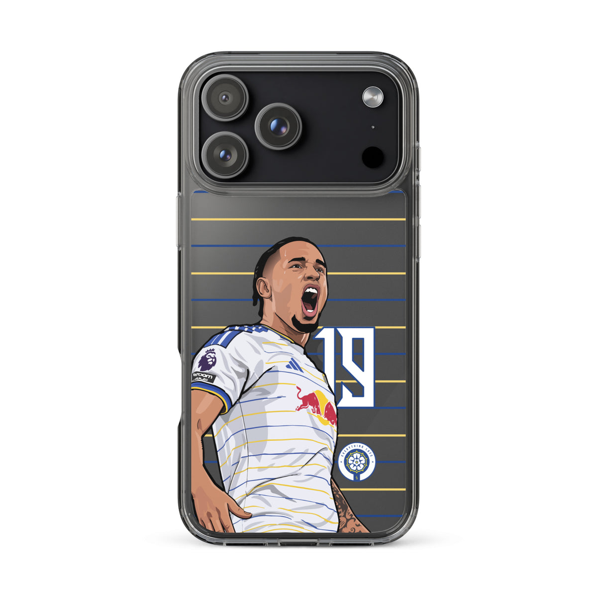 Clear iPhone case with soccer player celebration graphic and blue-yellow striped lines