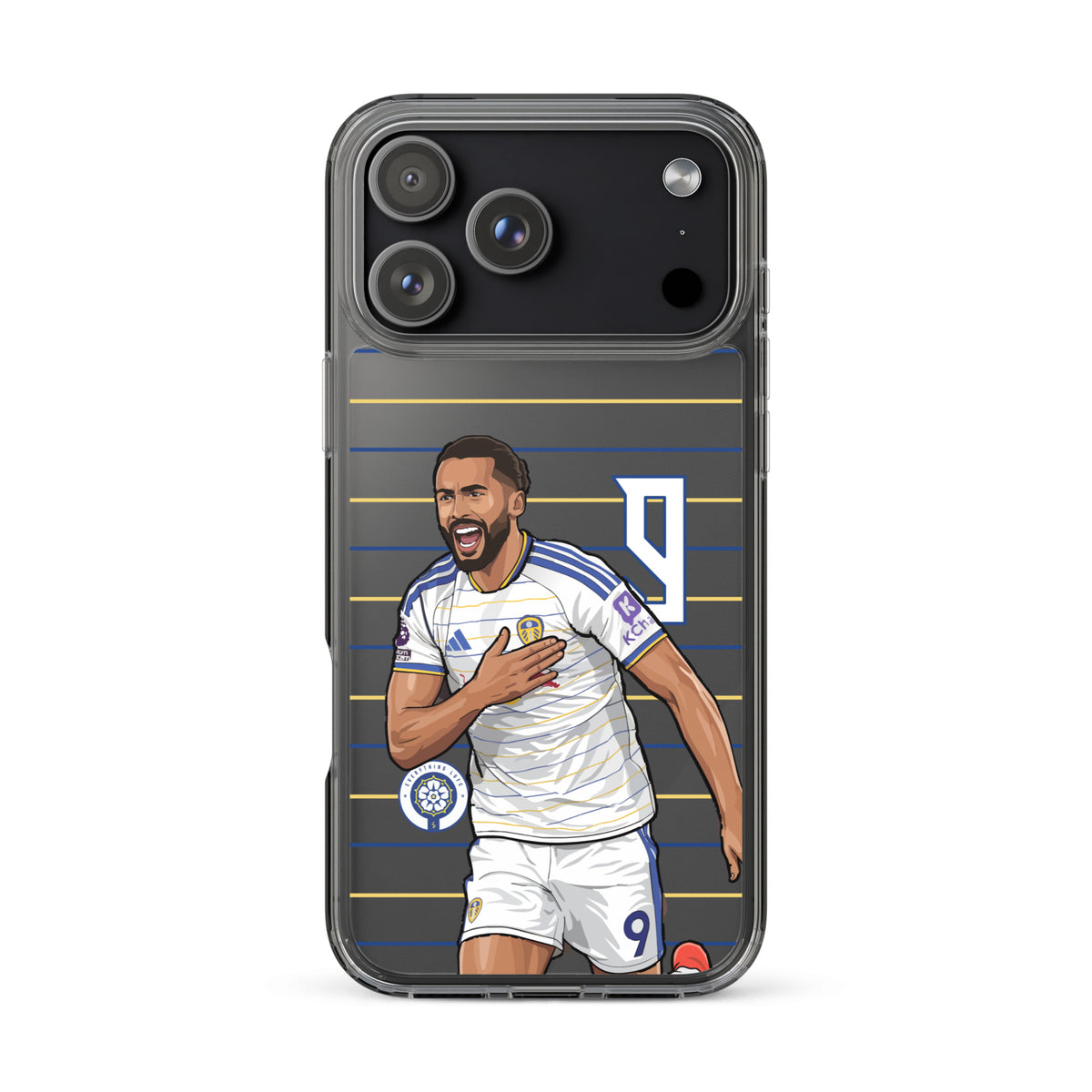 Clear iPhone case with football player celebration graphic, stripes background