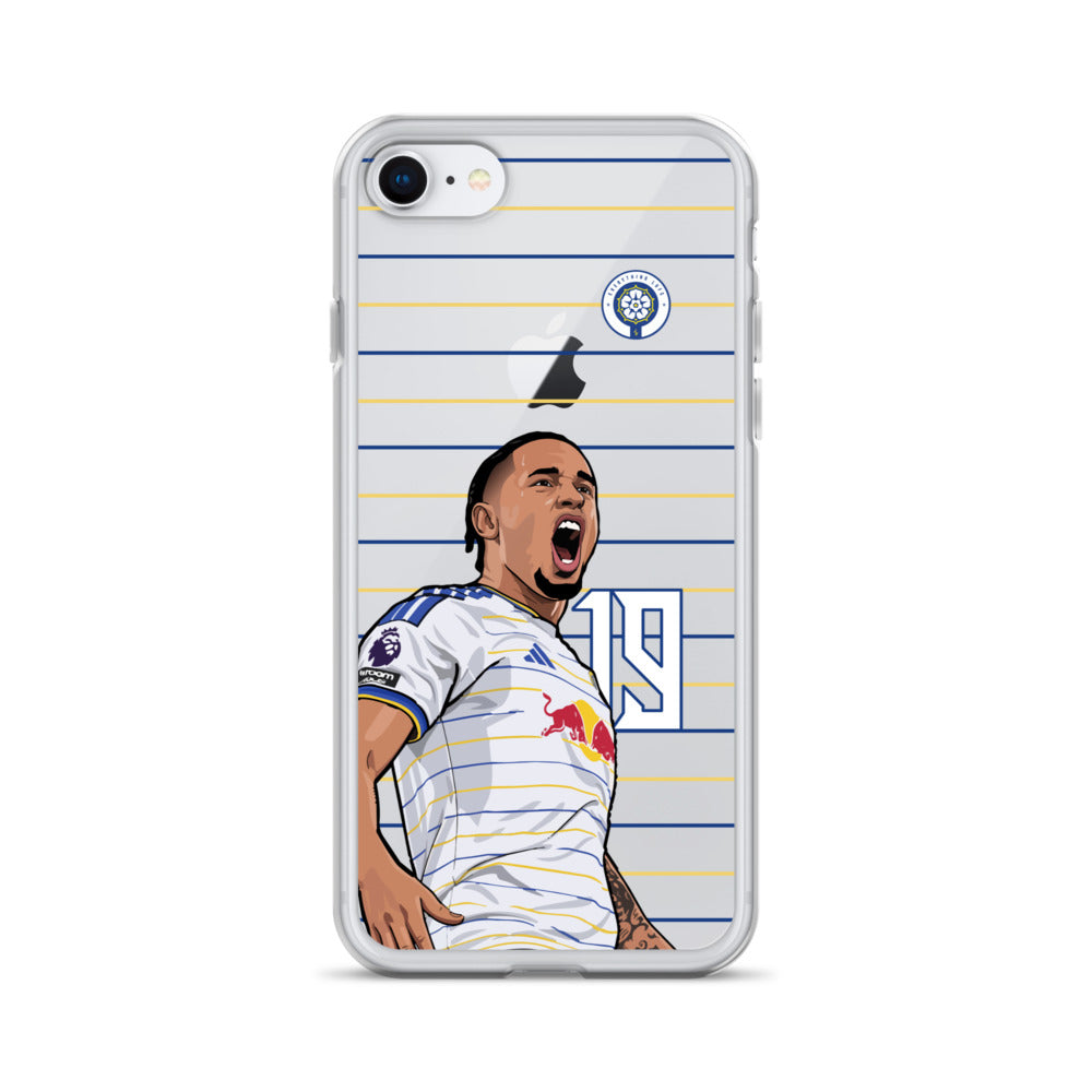 Clear iPhone case showing front with player in white Leeds kit and striped lines