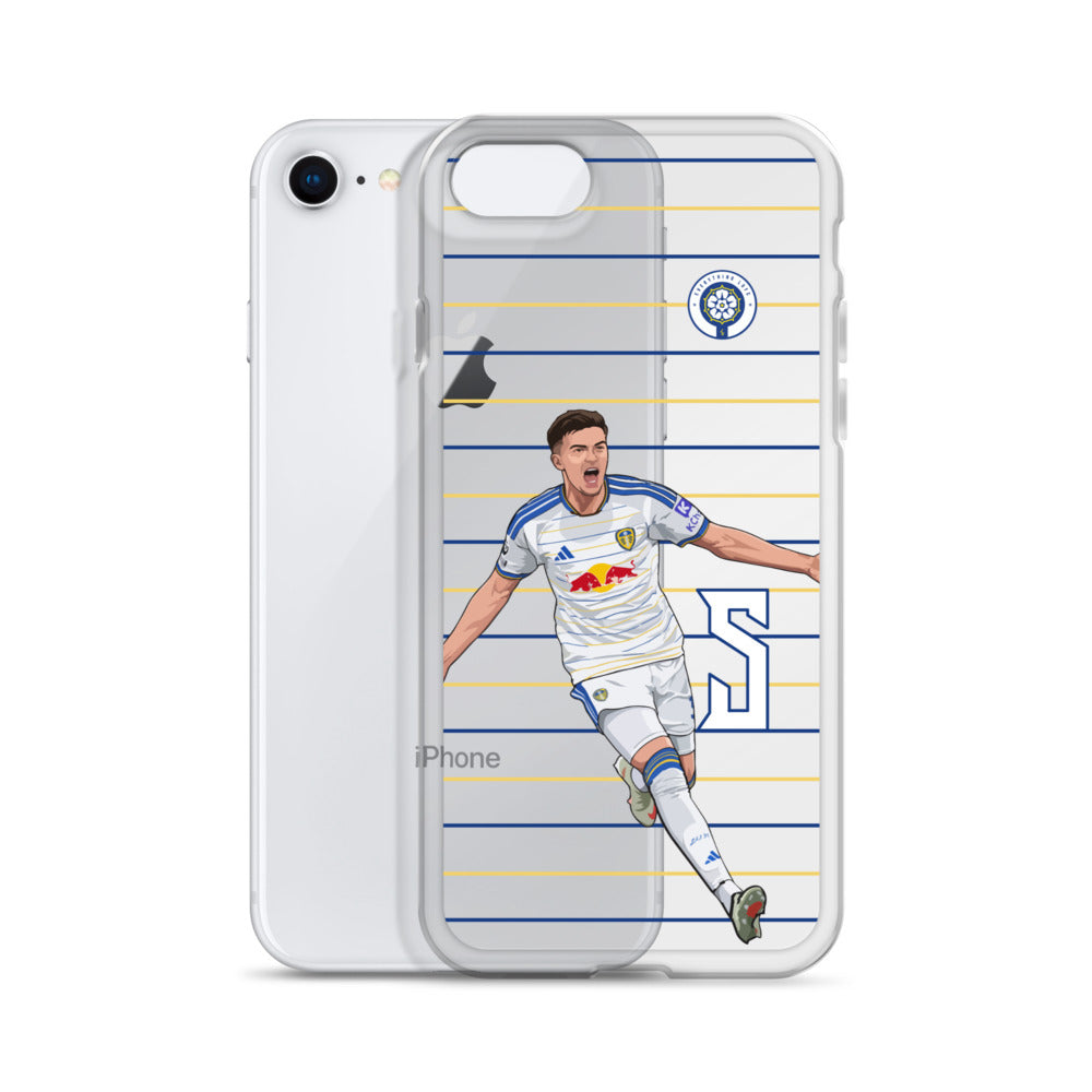 Clear iPhone case with player graphic; front and back views