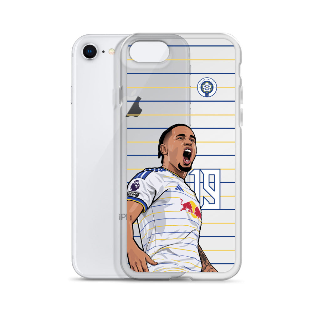 Clear iPhone case with player in white Leeds kit; front and back view